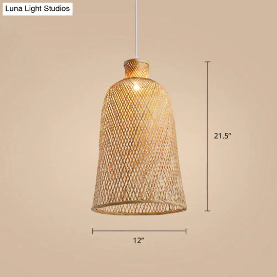 Chinese Style Handmade Bamboo Ceiling Light - Single Pendant For Restaurant Wood Finish