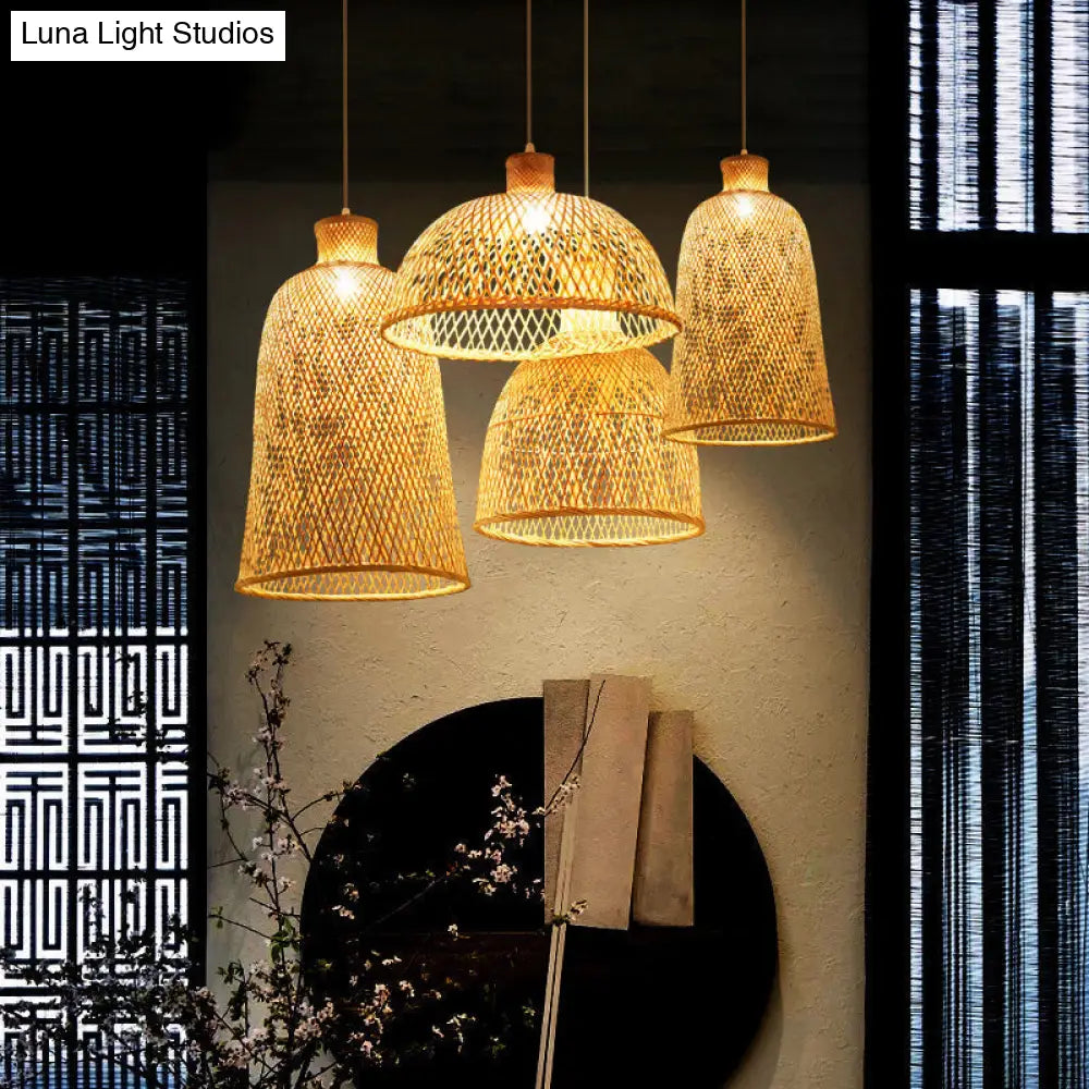 Chinese Style Handmade Bamboo Ceiling Light - Single Pendant For Restaurant Wood Finish