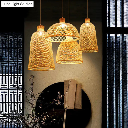 Chinese Style Handmade Bamboo Ceiling Light - Single Pendant For Restaurant Wood Finish