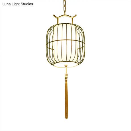 Chinese Style Indoor Pendant Lamp With Bamboo Cylinder Shade - Black/Gold Hanging Fixture