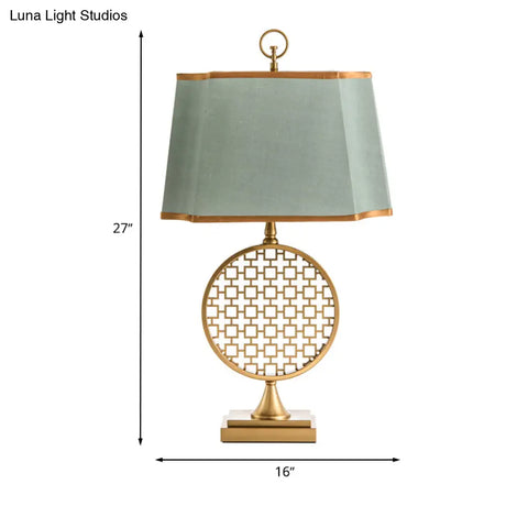Chinese Style Led Desk Lamp With Gold Drum Shape & Green Fabric Shade