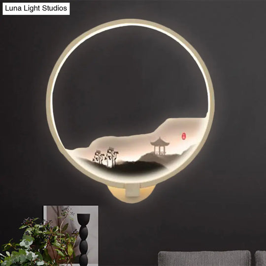 Chinese Style Led Hallway Wall Mural Lamp With Metal Shade - Black/White Mountain Patterned Lighting