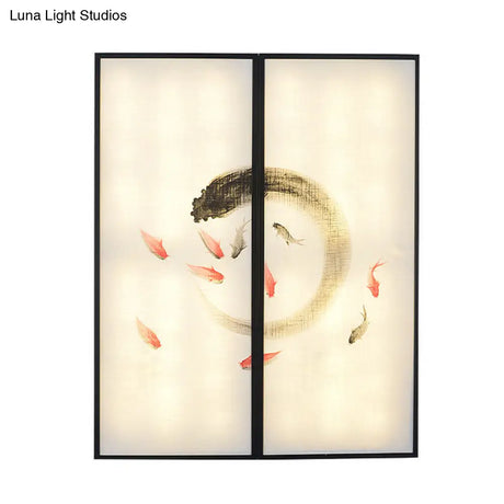 Chinese Style Led Sconce Light Fixture: Carp Artwork Bedside Mural Lighting In Black