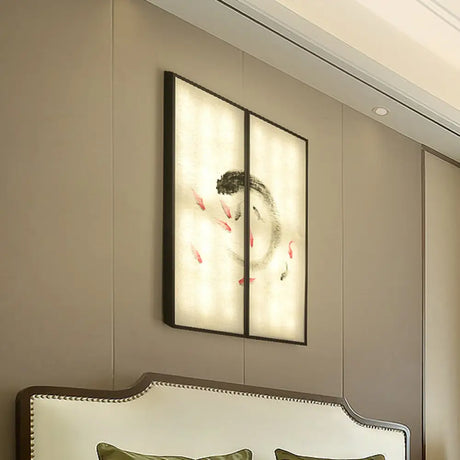 Chinese Style Led Sconce Light Fixture: Carp Artwork Bedside Mural Lighting In Black