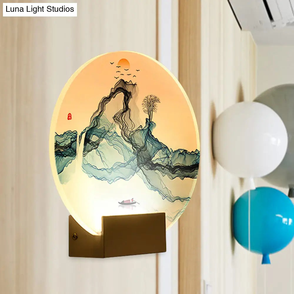 Chinese Style Led Wall Light With Mountain & Sun Design In Blue Acrylic