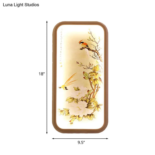 Chinese Style Led Yellow Wall Mount Light With Fabric Rectangle Leaf And Bird Mural