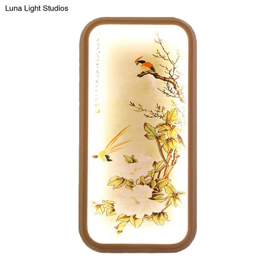 Chinese Style Led Yellow Wall Mount Light With Fabric Rectangle Leaf And Bird Mural