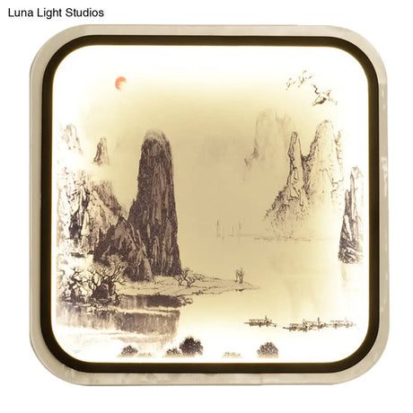 Chinese Style Mountain Patterned Square Mural Lamp With Led Flush Mount For Living Room In Grey/Blue