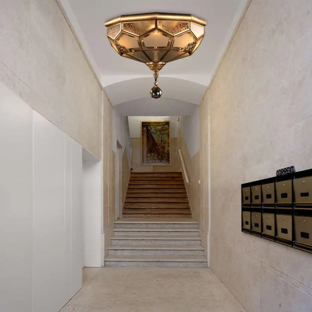 Chinese Style Opal Glass Dome Ceiling Lighting Brass Finish Flush Mount Light For Bedroom -