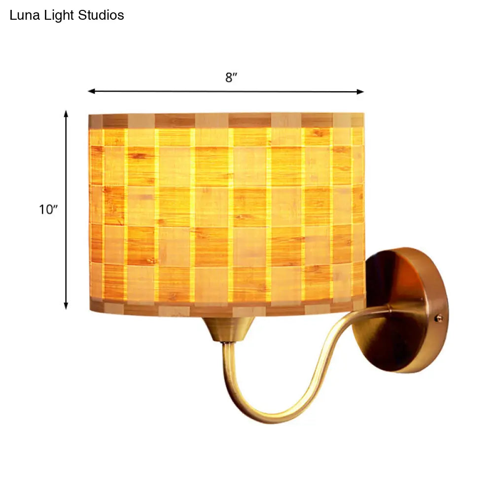 Chinese Style Wood Drum Wall Lighting: Beige Sconce Light Fixture With Metal Curved Arm