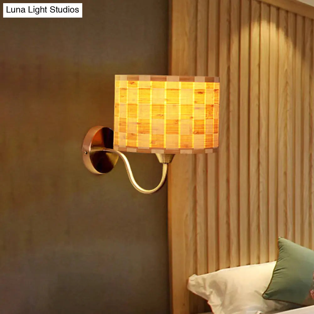 Chinese Style Wood Drum Wall Lighting: Beige Sconce Light Fixture With Metal Curved Arm