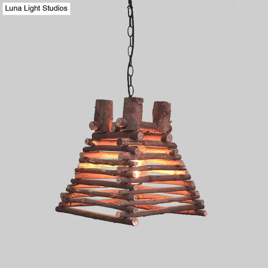 Chinese Wood Shade Hanging Light Fixture In Red-Brown Trapezoid Design