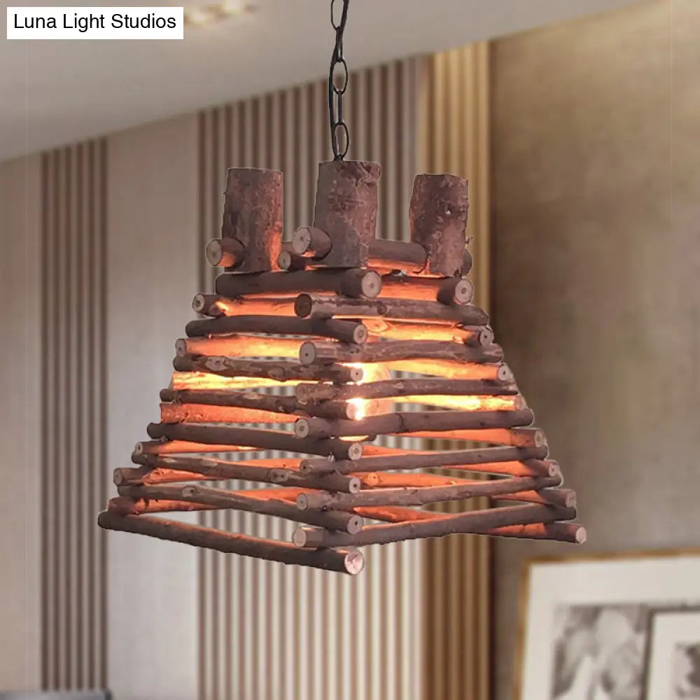 Chinese Wood Shade Hanging Light Fixture In Red-Brown Trapezoid Design