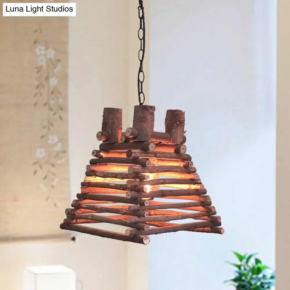 Chinese Wood Shade Hanging Light Fixture In Red-Brown Trapezoid Design