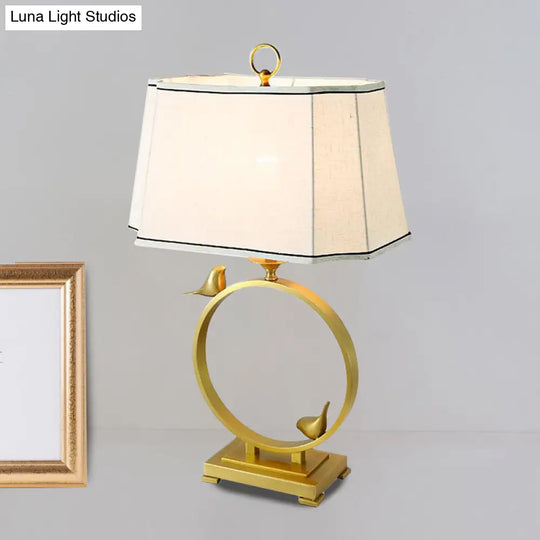 Rustic Style Fabric Brass Desk Lamp With Bird Deco - Paneled Cuboid Night Lighting