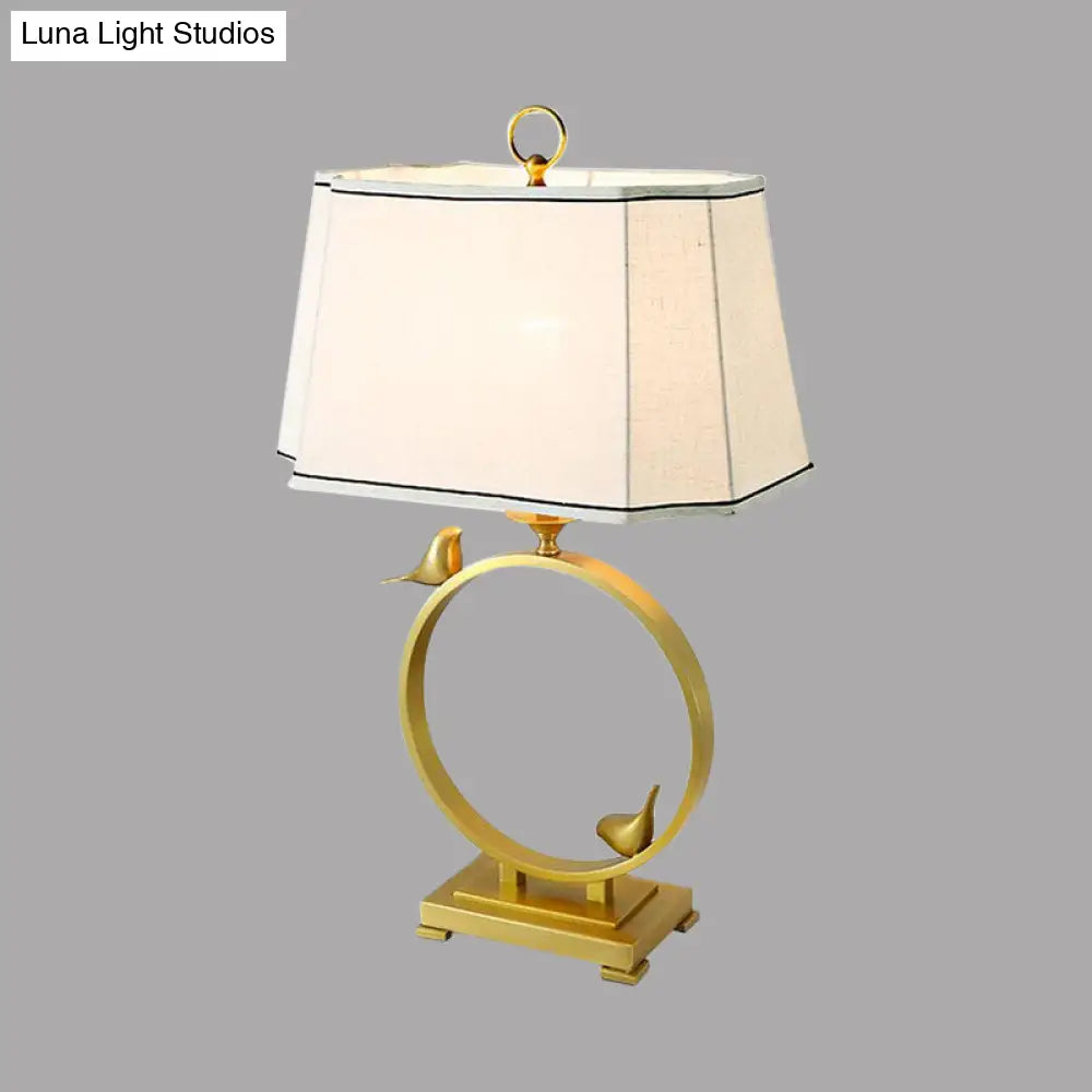 Chloé - Brass Fabric Desk Lamp Paneled Cuboid 1 Light Rustic Style Night Lighting With Bird Deco