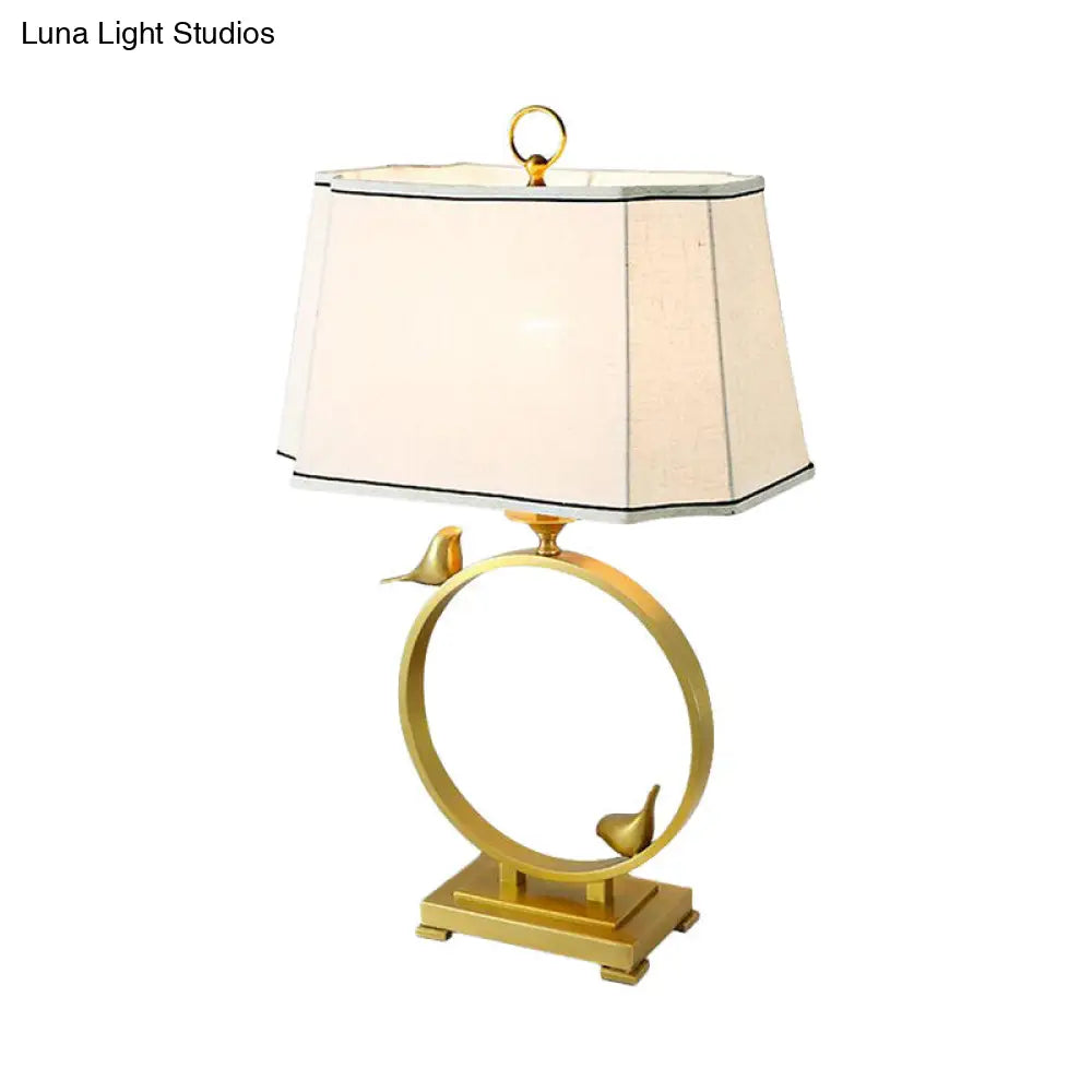 Rustic Style Fabric Brass Desk Lamp With Bird Deco - Paneled Cuboid Night Lighting