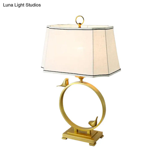 Chloé - Brass Fabric Desk Lamp Paneled Cuboid 1 Light Rustic Style Night Lighting With Bird Deco