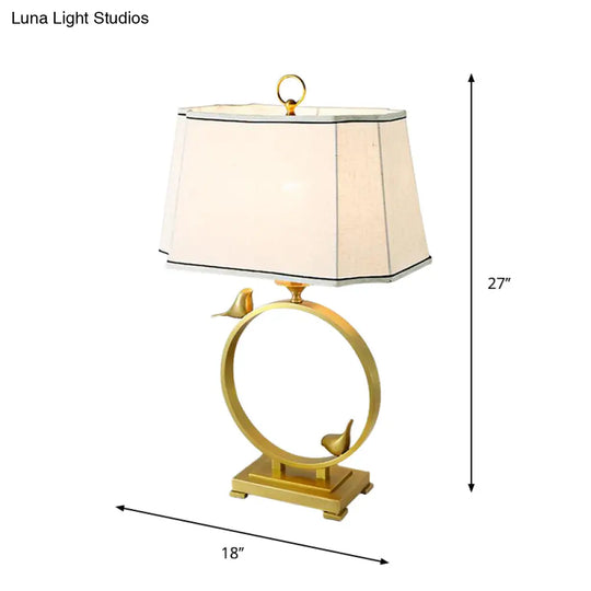 Chloé - Brass Fabric Desk Lamp Paneled Cuboid 1 Light Rustic Style Night Lighting With Bird Deco