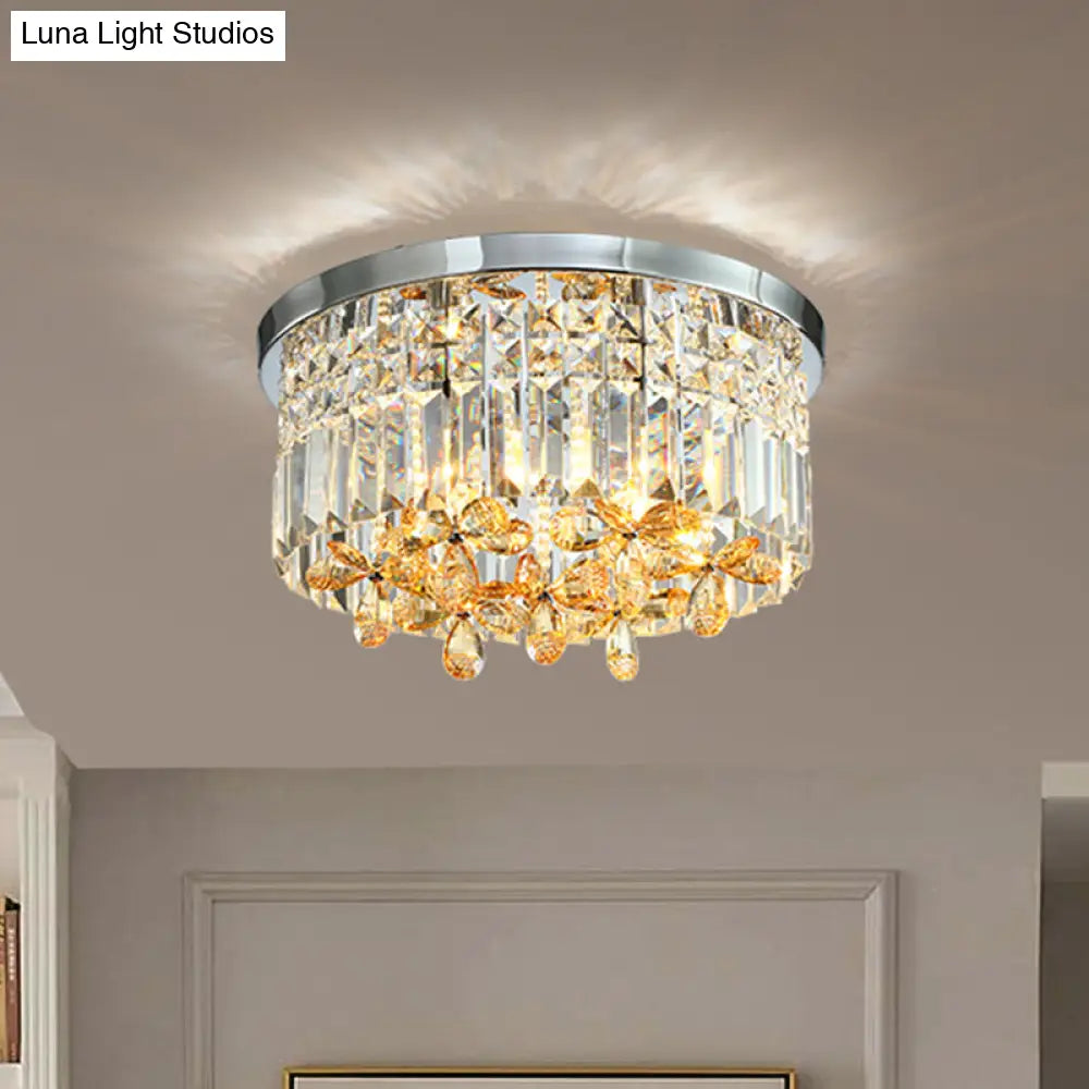 Chrome Cylinder Crystal Led Flush Light For Doorway - 10’/15.5’ Wide