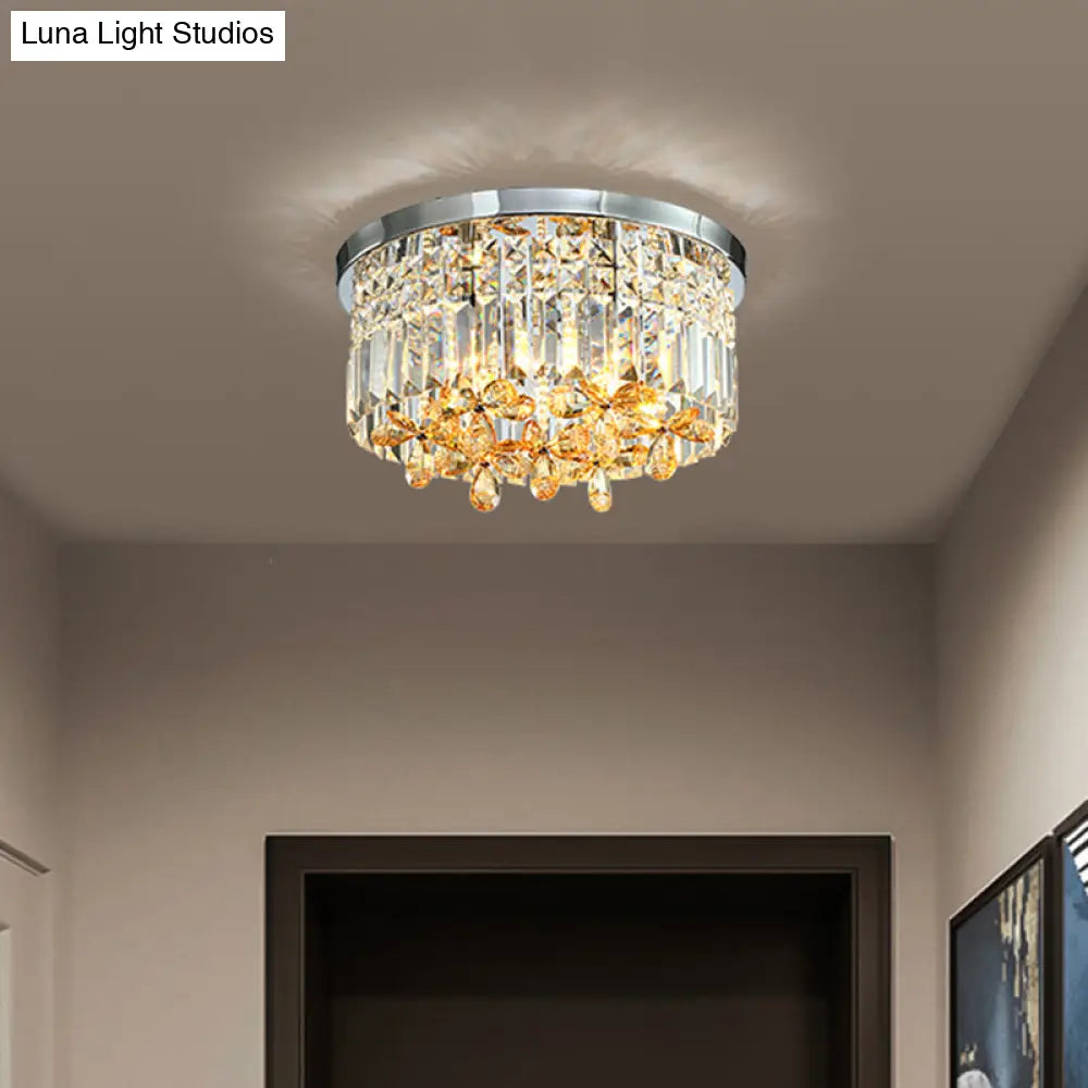 Chrome Cylinder Crystal Led Flush Light For Doorway - 10’/15.5’ Wide / 15.5’