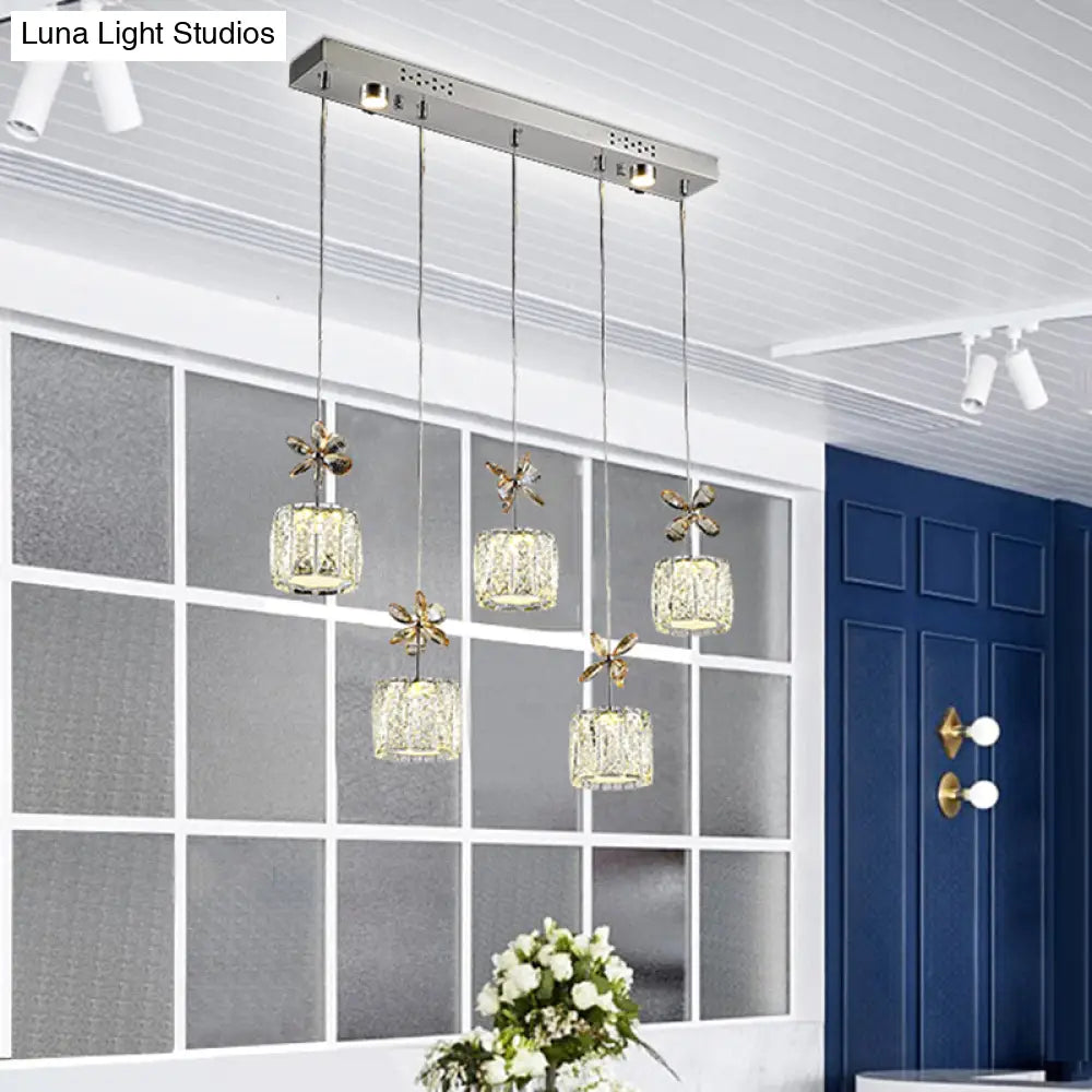 Chrome Led Multi Light Pendant With Faceted Crystal And Modern Cylinder Design For Dining Room -