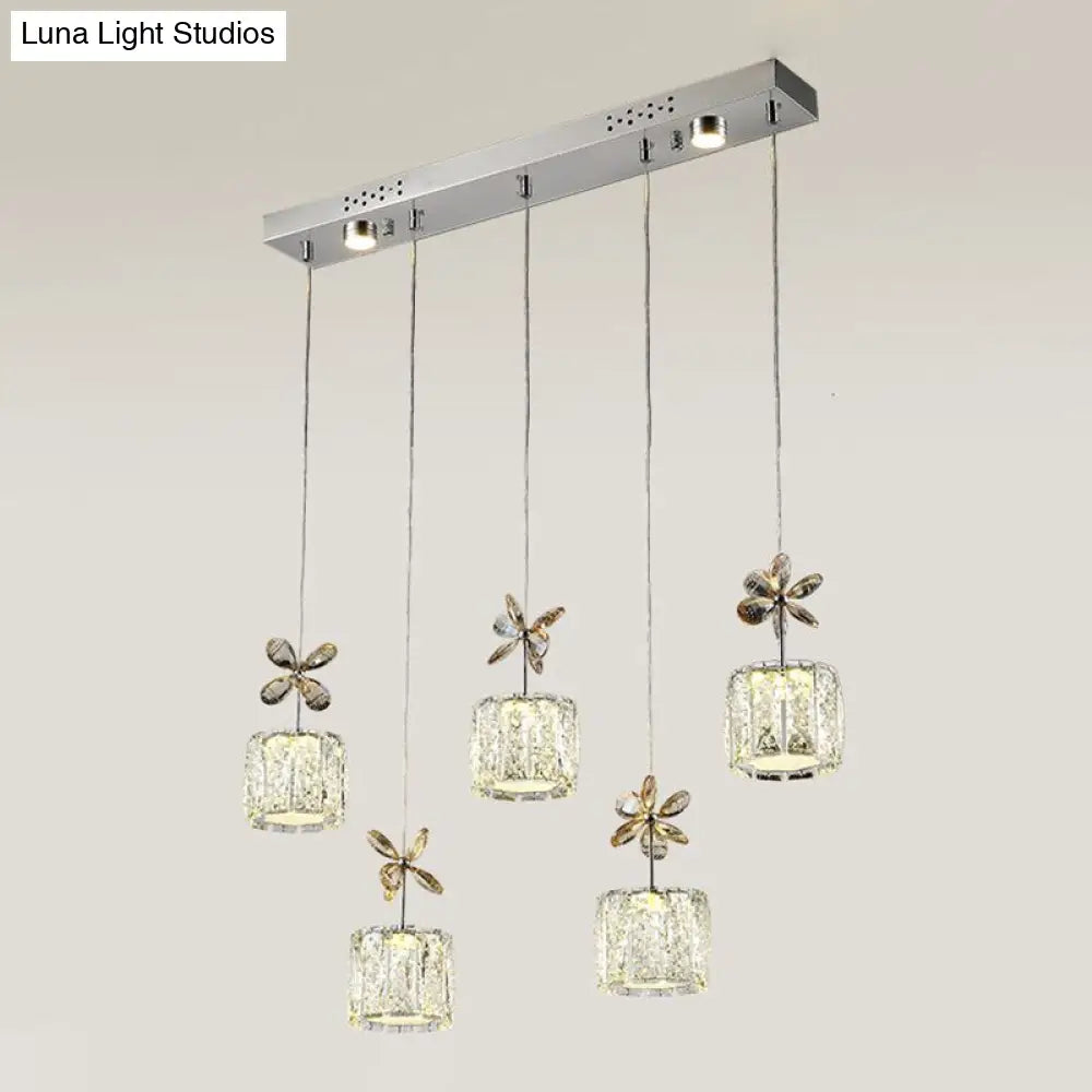 Chrome Led Multi Light Pendant With Faceted Crystal And Modern Cylinder Design For Dining Room -