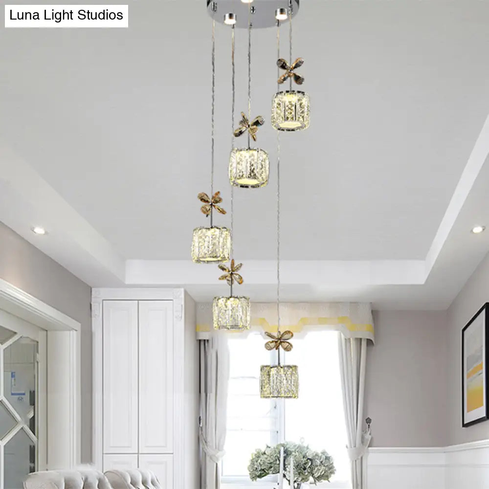 Chrome Led Multi Light Pendant With Faceted Crystal And Modern Cylinder Design For Dining Room -