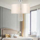 Chrome Modern Drum Ceiling Light With Crystal Bead Accents - 5 Fabric Lights White