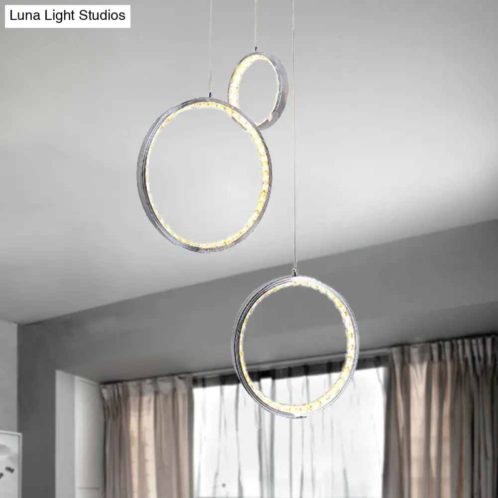 Circle Crystal Pendant Light With Cluster 3 Lights - Minimalist Design Chrome Finish Warm/White