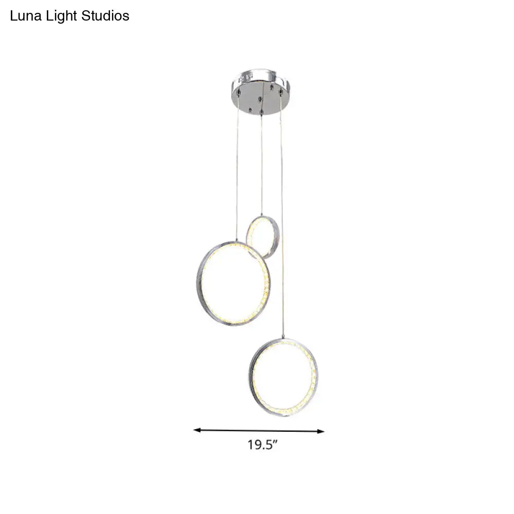 Circle Crystal Pendant Light With Cluster 3 Lights - Minimalist Design Chrome Finish Warm/White