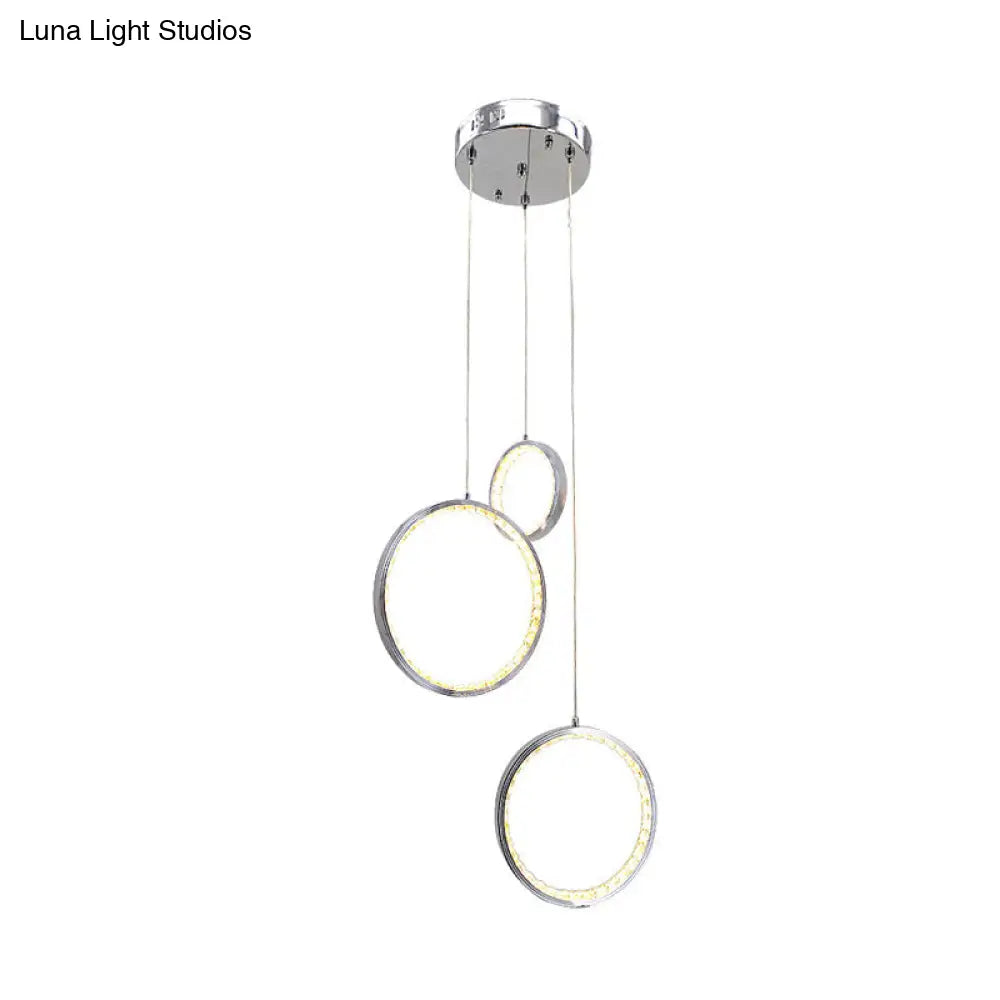 Circle Crystal Pendant Light With Cluster 3 Lights - Minimalist Design Chrome Finish Warm/White