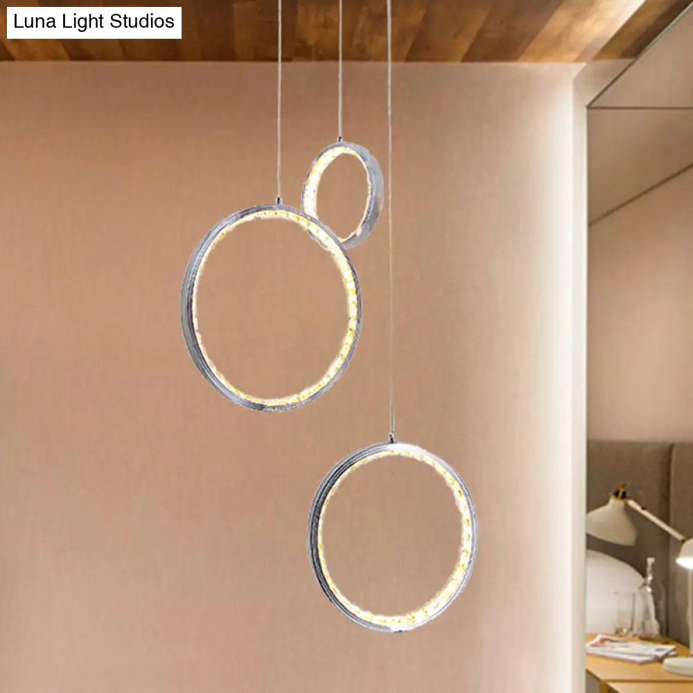 Circle Crystal Pendant Light With Cluster 3 Lights - Minimalist Design Chrome Finish Warm/White