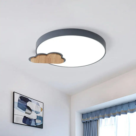 Circle Flush Macaron Led Ceiling Light With Grey/Green Finish And Cloud Wood Detail - White/Warm