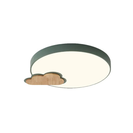 Circle Flush Macaron Led Ceiling Light With Grey/Green Finish And Cloud Wood Detail - White/Warm