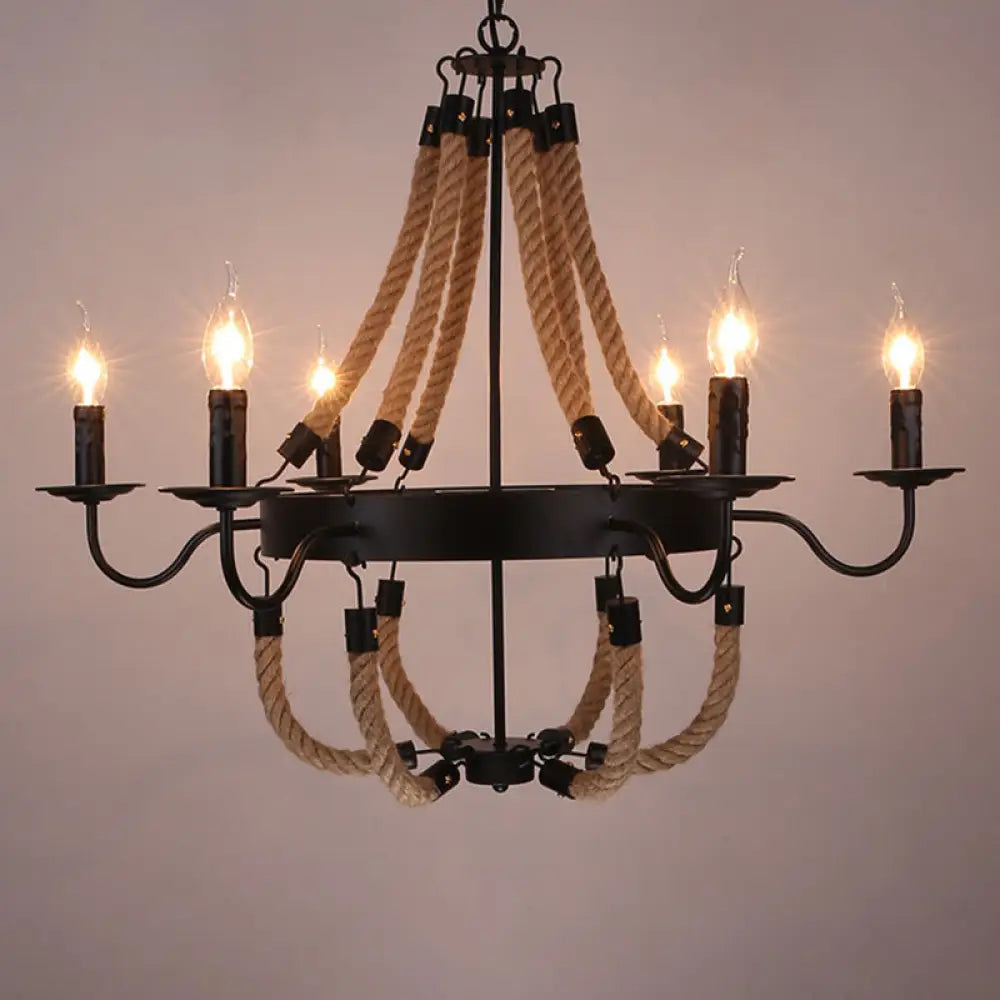 Circular Black Metal Ring Pendant Light With Rope Hanging - Industrial Ceiling Fixture 6 /