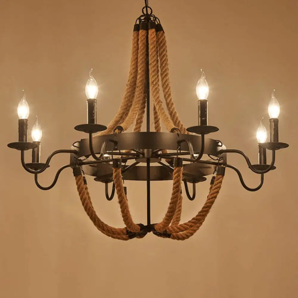 Circular Black Metal Ring Pendant Light With Rope Hanging - Industrial Ceiling Fixture 8 /