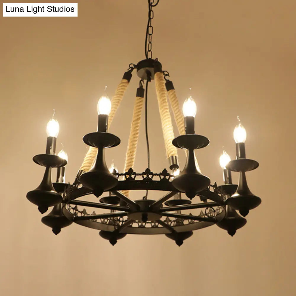 Industrial Black Hemp Rope Chandelier Light Fixture - Circular Iron Ceiling Lighting For Restaurants