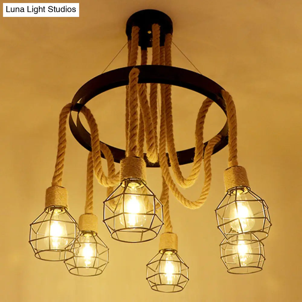 Industrial Black Hemp Rope Chandelier Light Fixture - Circular Iron Ceiling Lighting For Restaurants