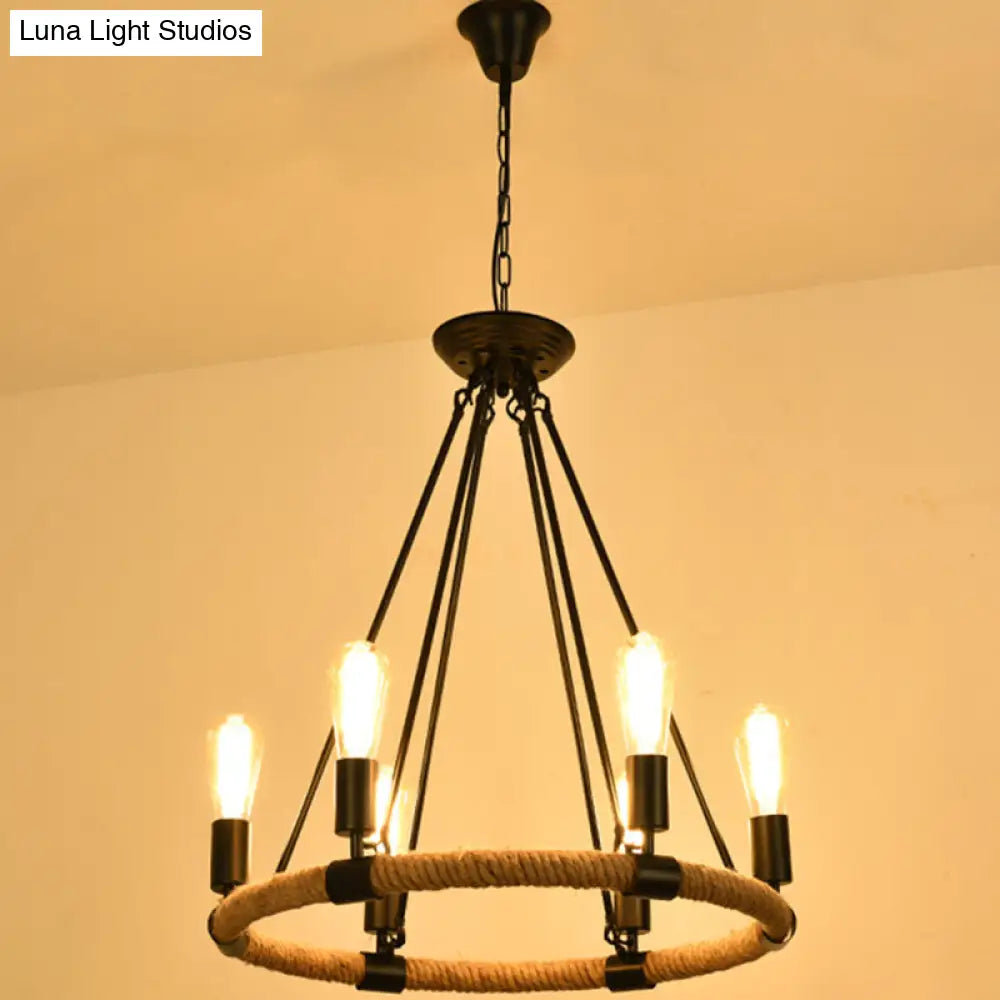 Industrial Black Hemp Rope Chandelier Light Fixture - Circular Iron Ceiling Lighting For Restaurants