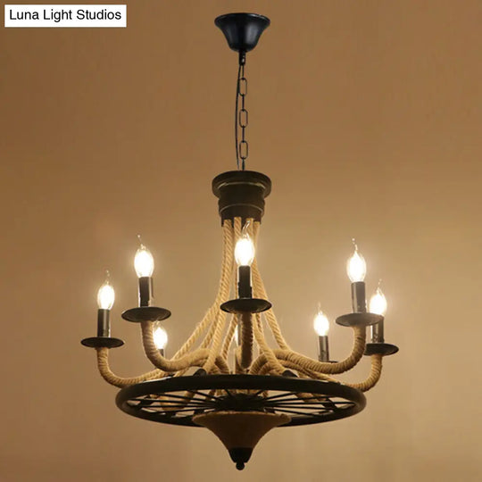 Industrial Black Hemp Rope Chandelier Light Fixture - Circular Iron Ceiling Lighting For Restaurants
