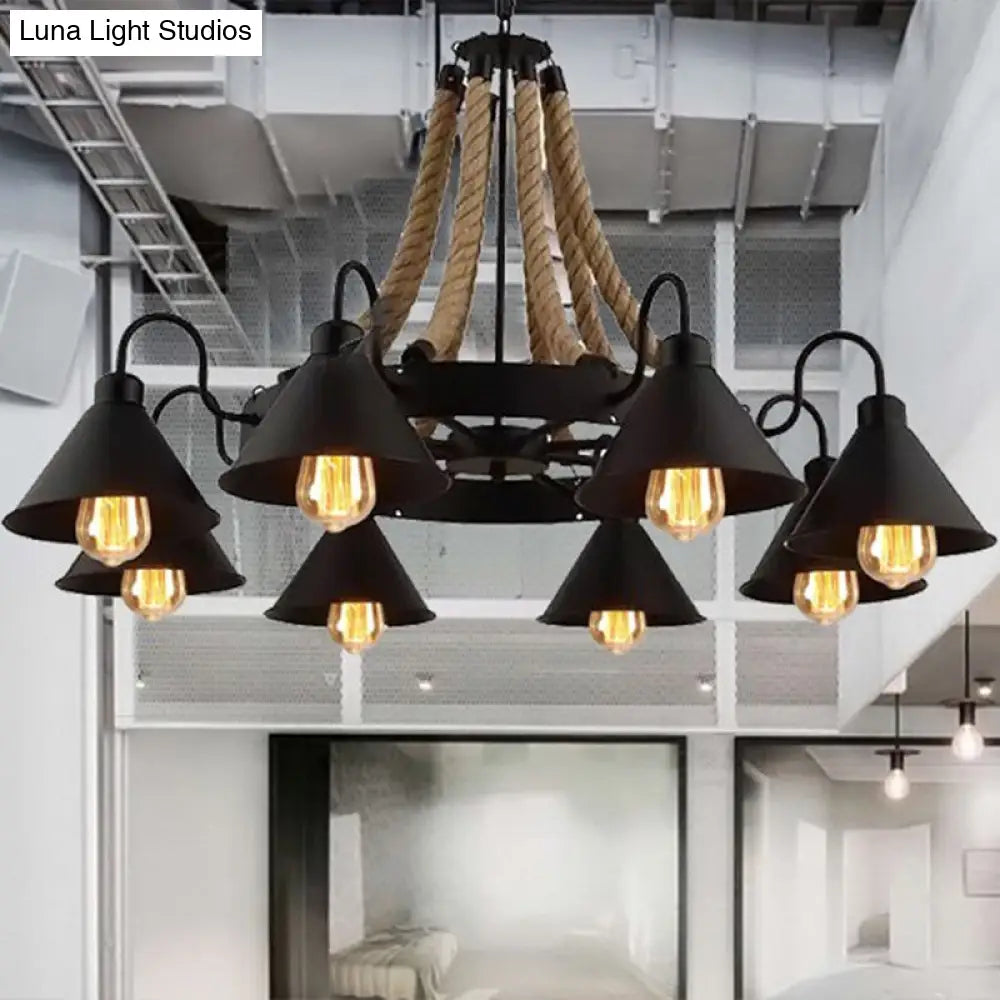 Industrial Black Hemp Rope Chandelier Light Fixture - Circular Iron Ceiling Lighting For Restaurants