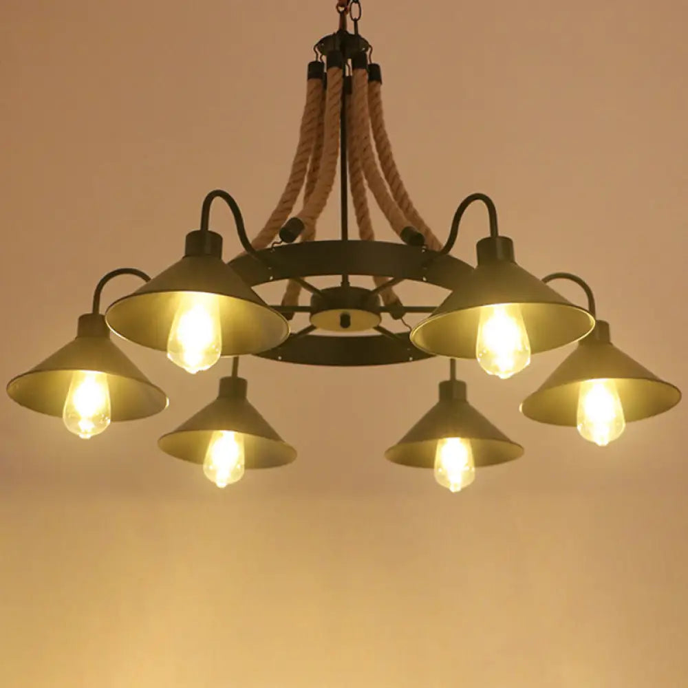 Circular Industrial Restaurant Chandelier With Hemp Rope In Black Iron Finish 6 / B