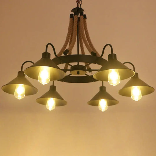 Circular Industrial Restaurant Chandelier With Hemp Rope In Black Iron Finish 6 / B
