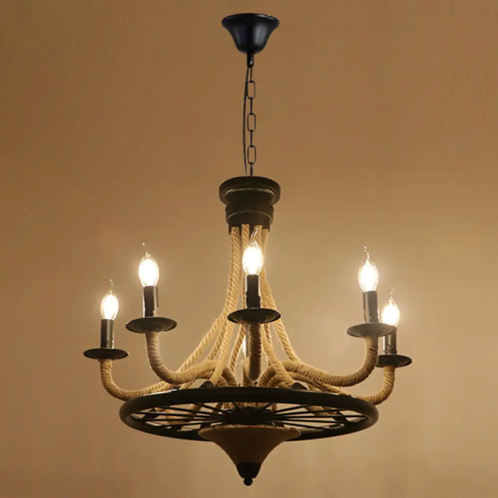 Circular Industrial Restaurant Chandelier With Hemp Rope In Black Iron Finish 6 / F