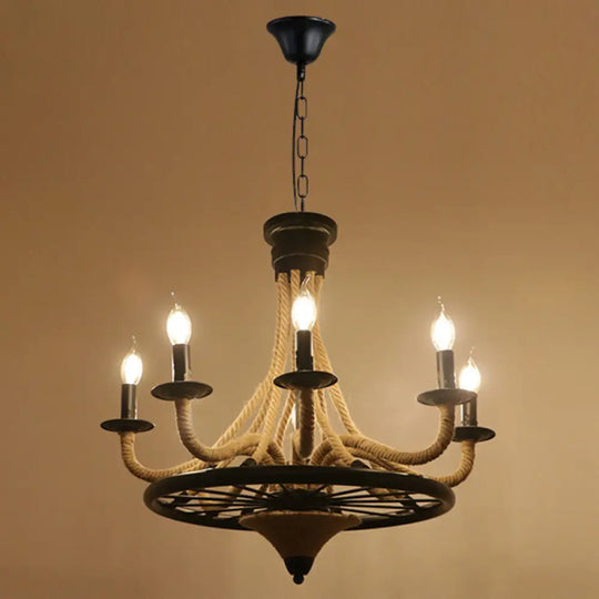 Circular Industrial Restaurant Chandelier With Hemp Rope In Black Iron Finish 6 / F