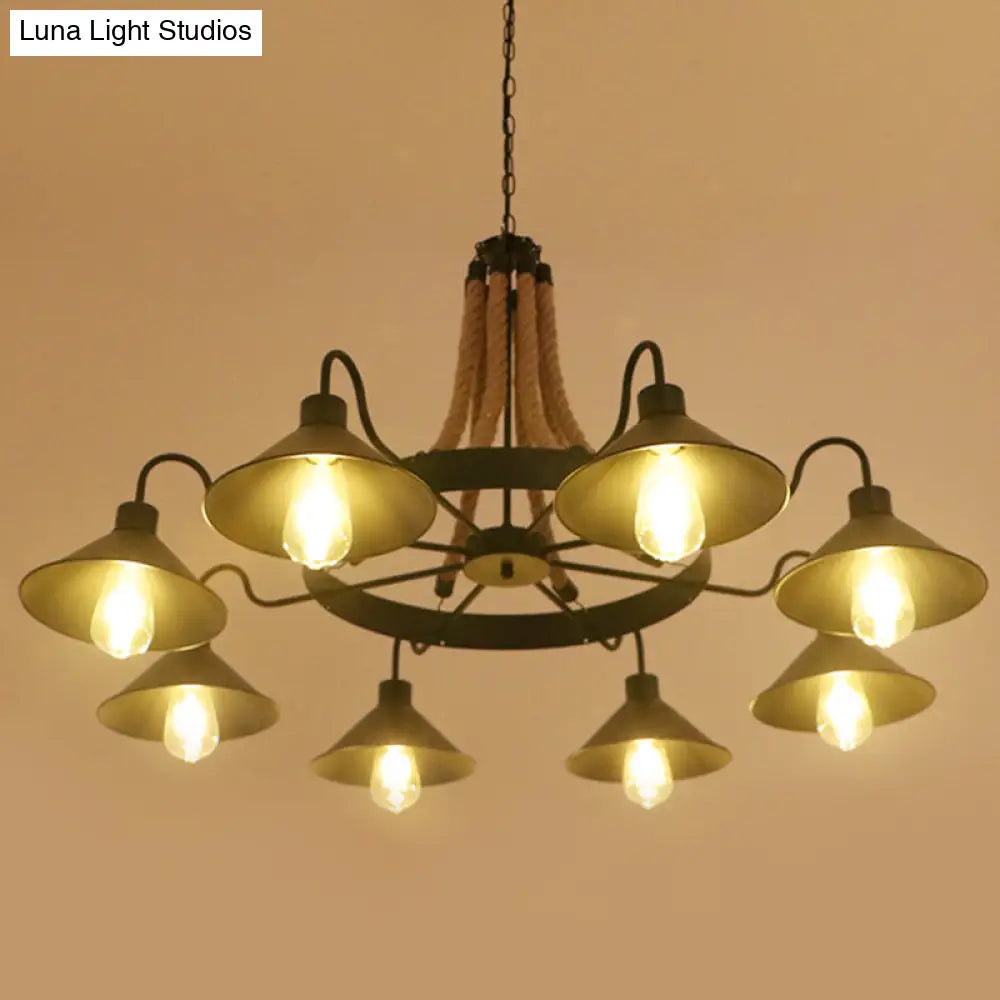 Industrial Black Hemp Rope Chandelier Light Fixture - Circular Iron Ceiling Lighting For Restaurants