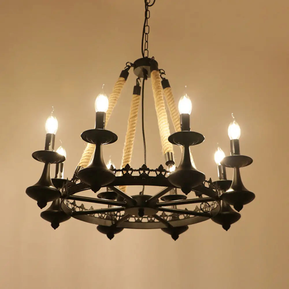 Circular Industrial Restaurant Chandelier With Hemp Rope In Black Iron Finish 8 / E