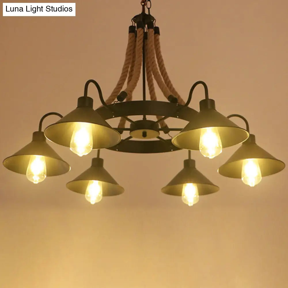 Industrial Black Hemp Rope Chandelier Light Fixture - Circular Iron Ceiling Lighting For Restaurants