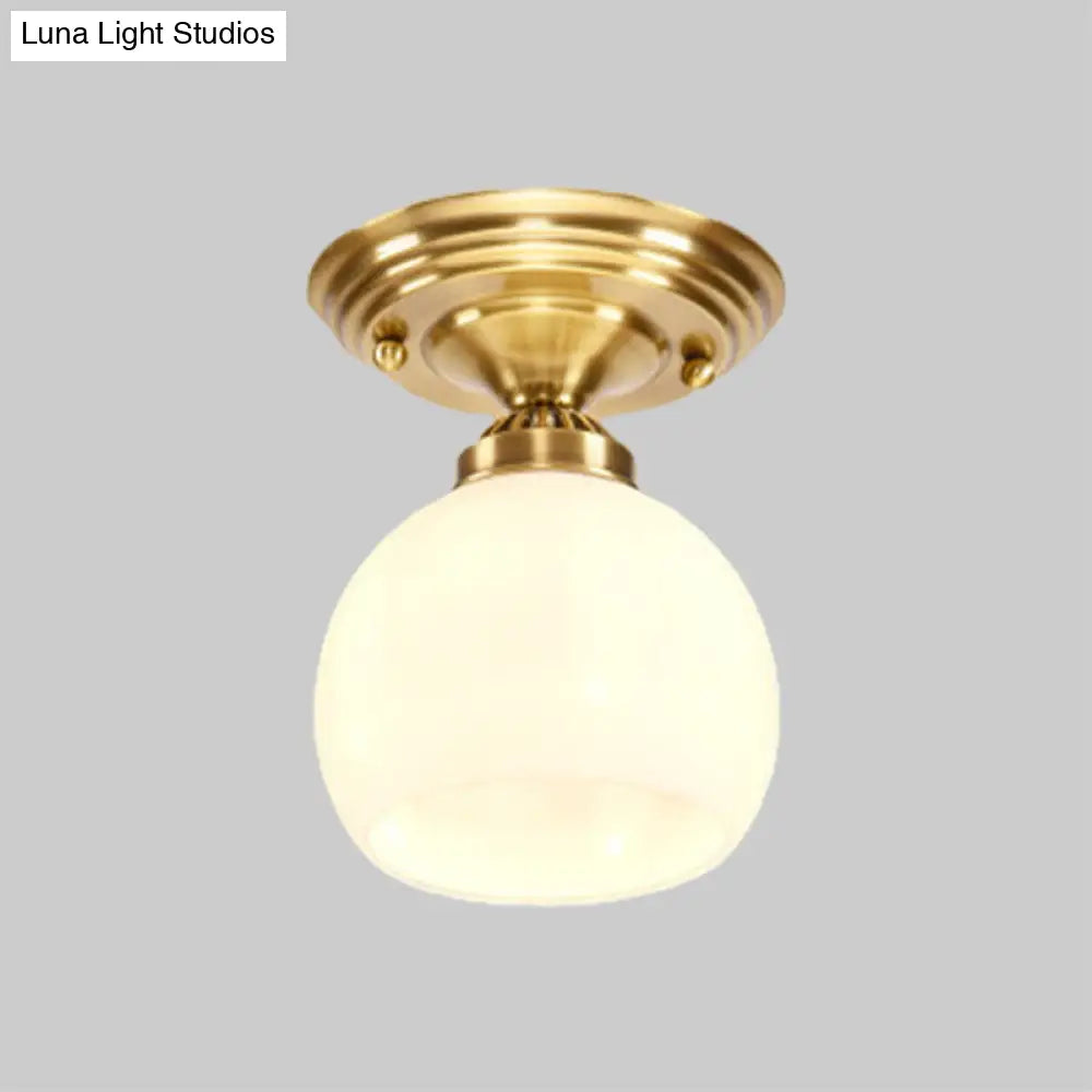 Classic 1-Light Glass Flush Mount Lamp In Brass - Globe/Cone Design For Corridor Ceiling Lighting